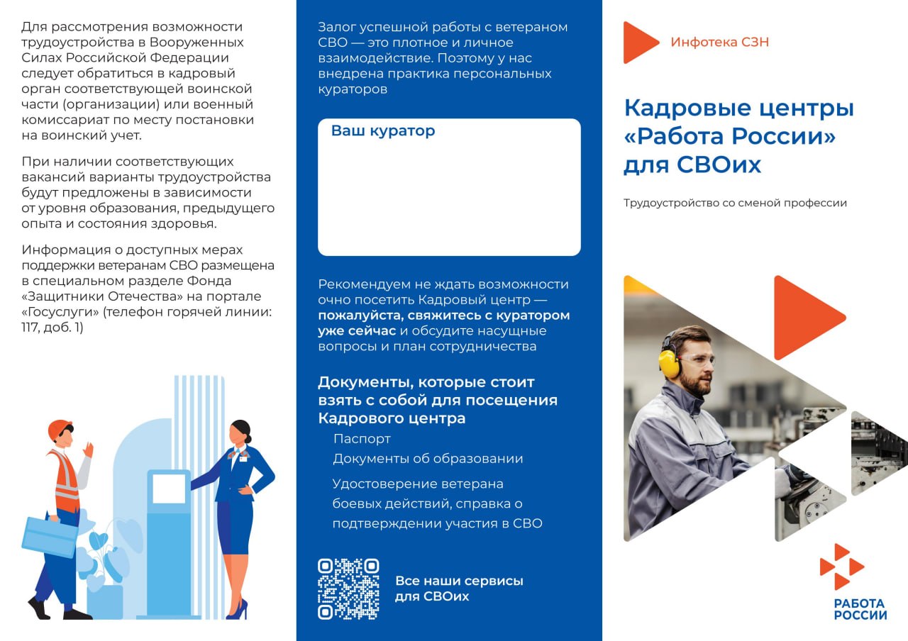 Памятка Работа России для участников СВО о трудоустройстве со сменой профессии, персональном кураторе и документах